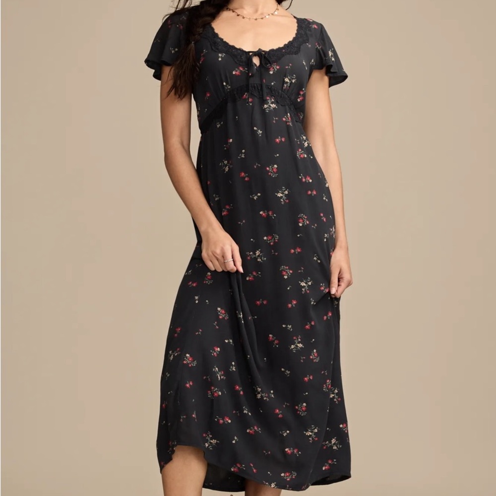 Lucky Brand Black Floral Maxi Dress with Red and Green Accents